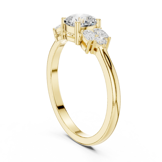 Cushion lab grown diamond three stone ring in yellow gold