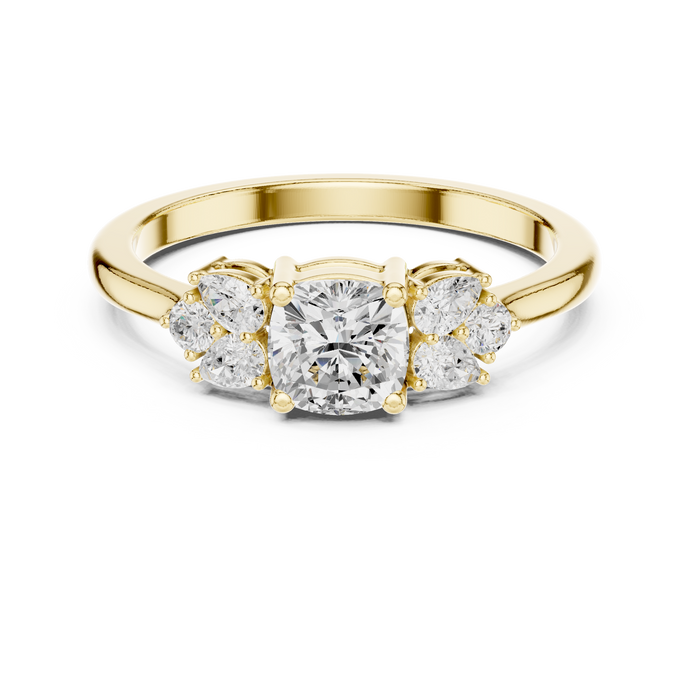 Ladies cushion pear diamond ring in gold with cushion pear and round lab grown diamonds by Signora Jewels