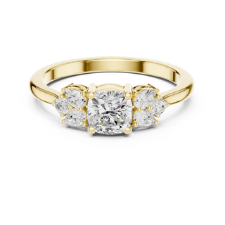 Cushion lab grown diamond three stone ring in yellow gold