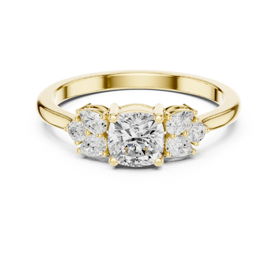 Cushion lab grown diamond three stone ring in yellow gold