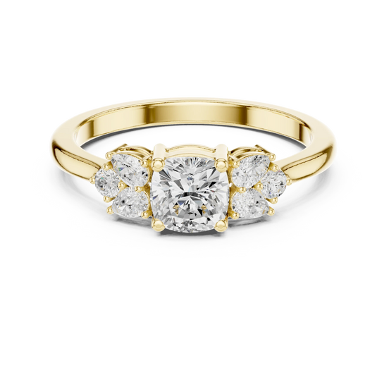 Cushion lab grown diamond three stone ring in yellow gold