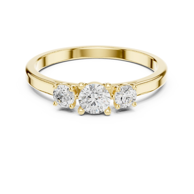 Round diamond three stone ring in yellow gold