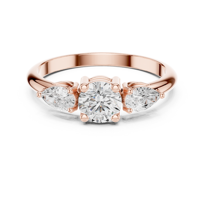 Ladies round pear three stone diamond ring in gold with round and pear lab grown diamonds by Signora Jewels