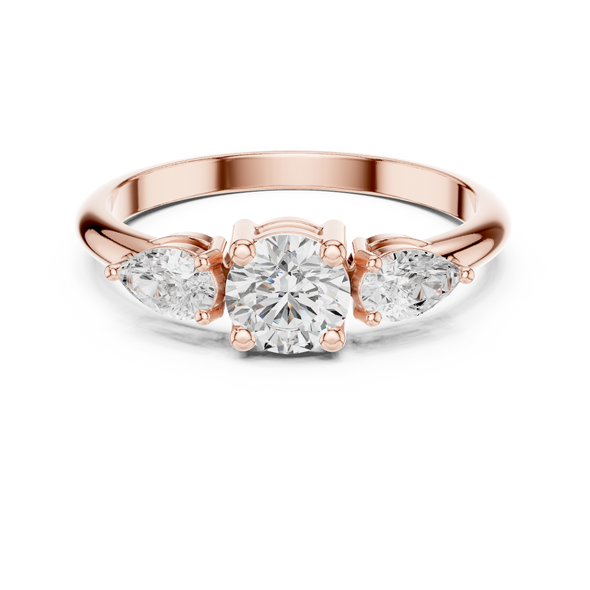 Ladies round pear three stone diamond ring in gold with round and pear lab grown diamonds by Signora Jewels