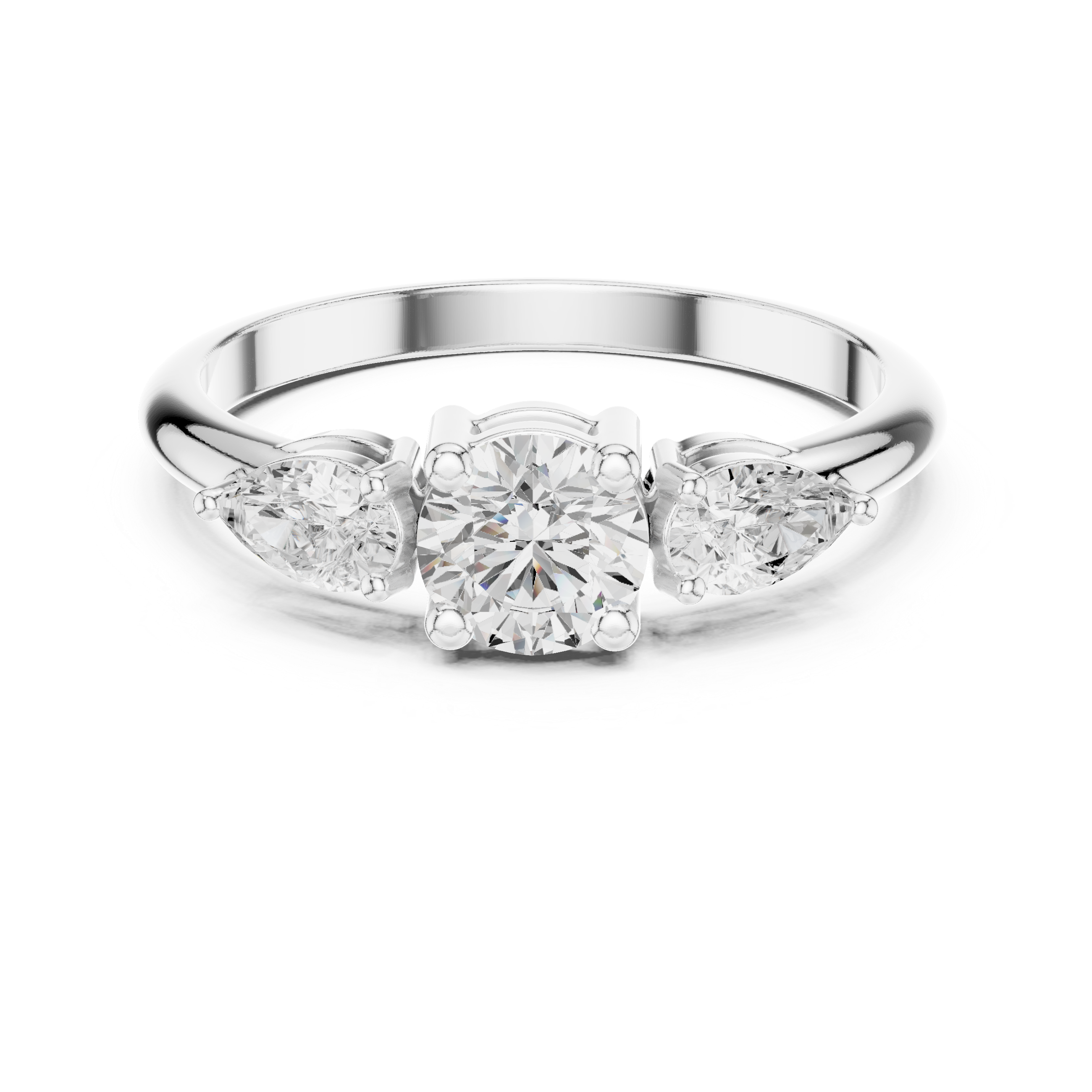 Ladies round pear three stone diamond ring in gold with round and pear lab grown diamonds by Signora Jewels