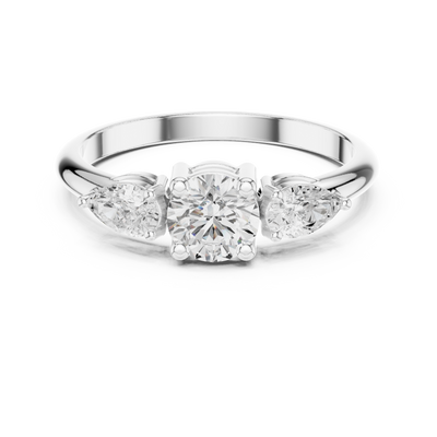 Ladies round pear three stone diamond ring in gold with round and pear lab grown diamonds by Signora Jewels