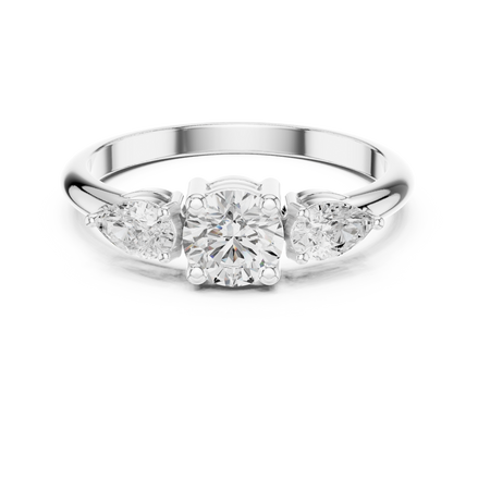 Ladies round pear three stone diamond ring in gold with round and pear lab grown diamonds by Signora Jewels
