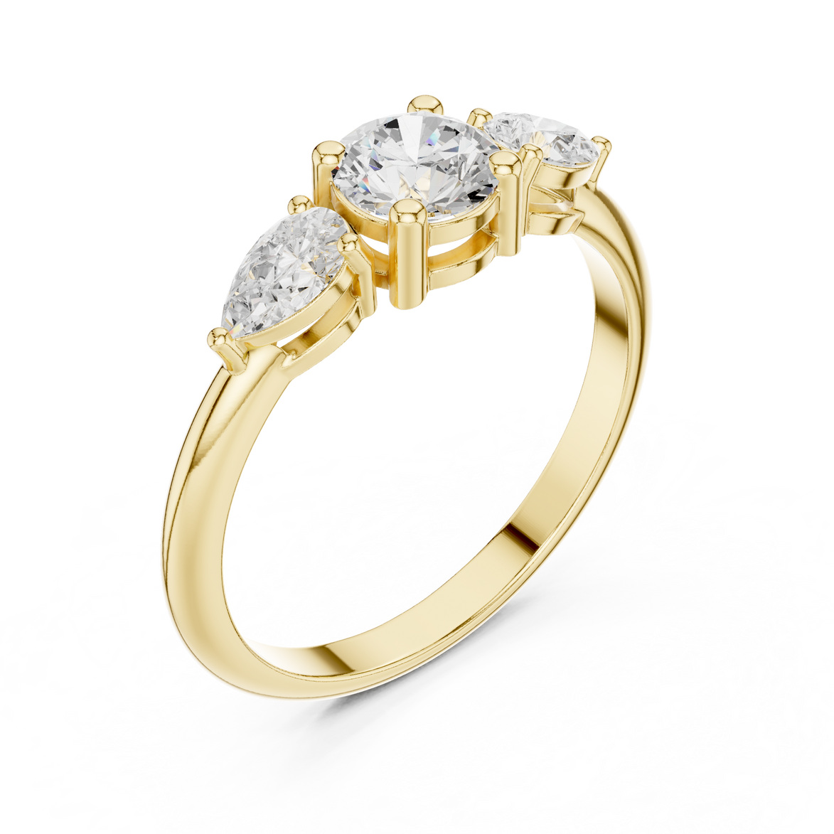 Ladies round pear three stone diamond ring in gold with round and pear lab grown diamonds by Signora Jewels