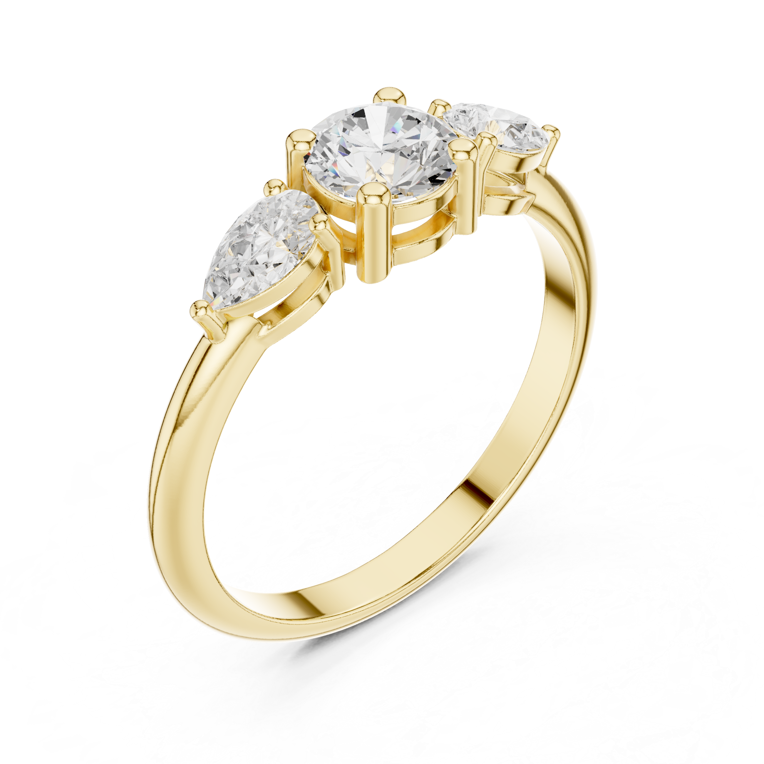 Ladies round pear three stone diamond ring in gold with round and pear lab grown diamonds by Signora Jewels