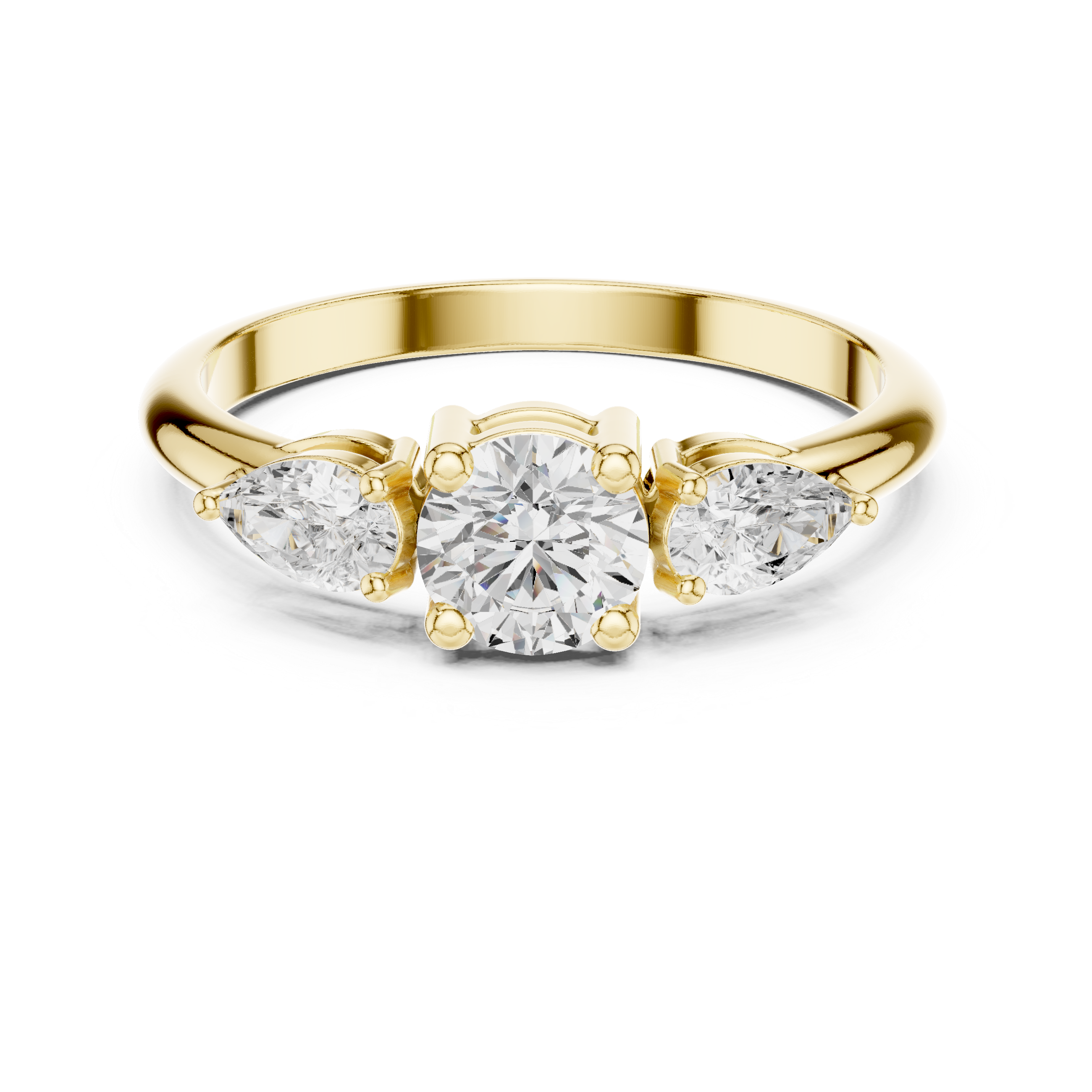 Ladies round pear three stone diamond ring in gold with round and pear lab grown diamonds by Signora Jewels