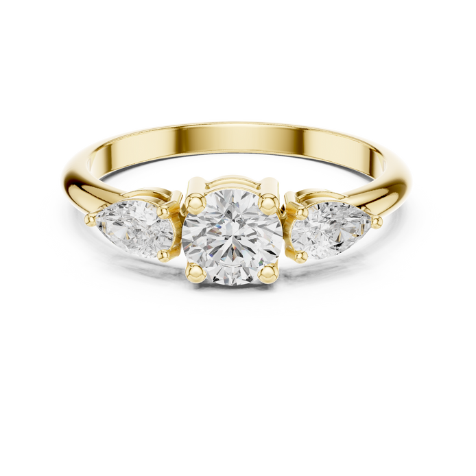Ladies round pear three stone diamond ring in gold with round and pear lab grown diamonds by Signora Jewels