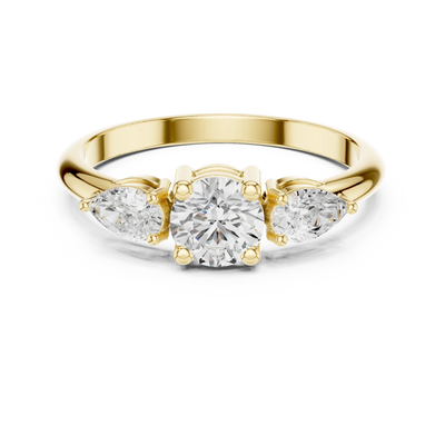 Round and pear lab grown diamond three stone ring in yellow gold