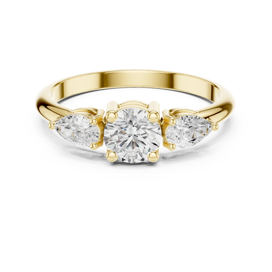Round and pear lab grown diamond three stone ring in yellow gold