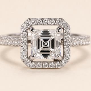 Asscher Cut Lab Grown Diamond Halo Engagement Ring in White Gold with Split Pavé Shank