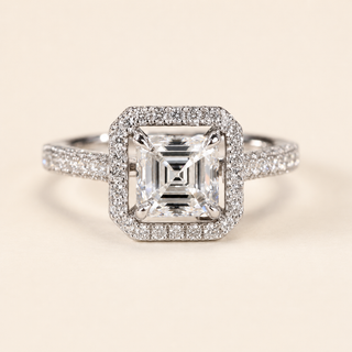 Asscher Cut Lab Grown Diamond Halo Engagement Ring in White Gold with Split Pavé Shank