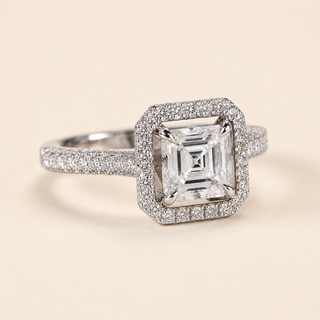 Asscher Cut Lab Grown Diamond Halo Engagement Ring in White Gold with Split Pavé Shank