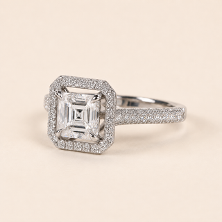 Asscher Cut Lab Grown Diamond Halo Engagement Ring in White Gold with Split Pavé Shank
