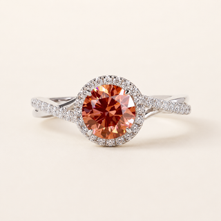 Round Halo Pink Lab Grown Diamond Engagement Ring in White Gold with Split Cathedral Pavé Shank