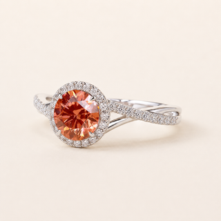 Round Halo Pink Lab Grown Diamond Engagement Ring in White Gold with Split Cathedral Pavé Shank