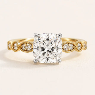 Vintage cushion lab-grown diamond hidden halo engagement ring