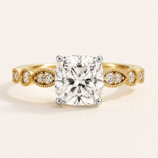 Vintage cushion lab-grown diamond hidden halo engagement ring