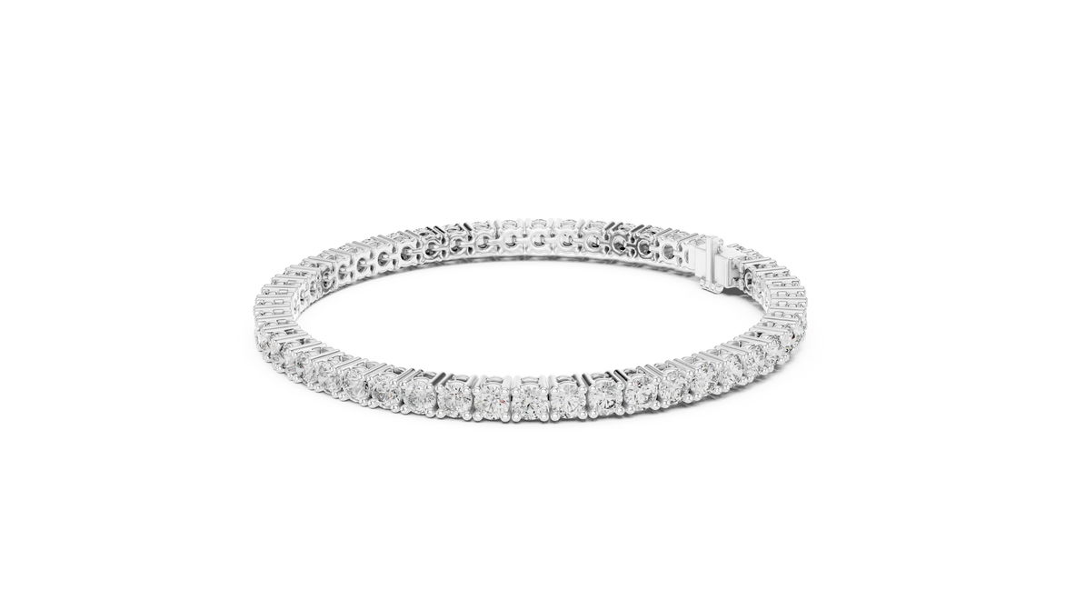 Classic round diamond tennis bracelet available in yellow gold white gold and rose gold with 49 brilliant diamonds in elegant collet setting design