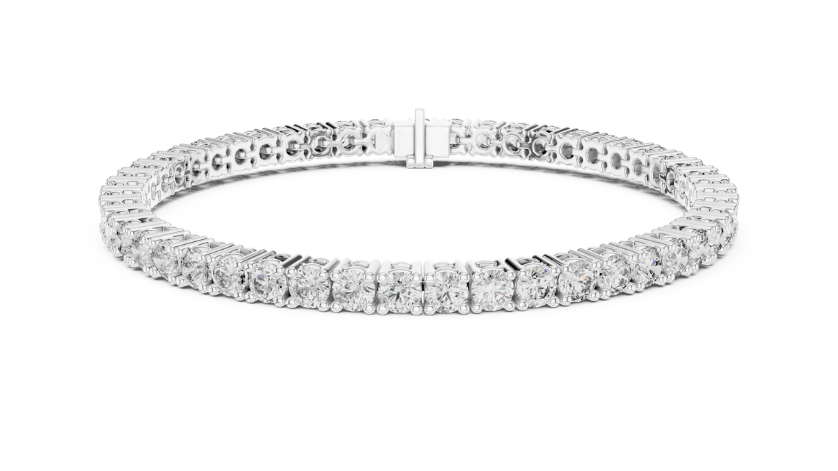 Classic round diamond tennis bracelet available in yellow gold white gold and rose gold with 49 brilliant diamonds in elegant collet setting design