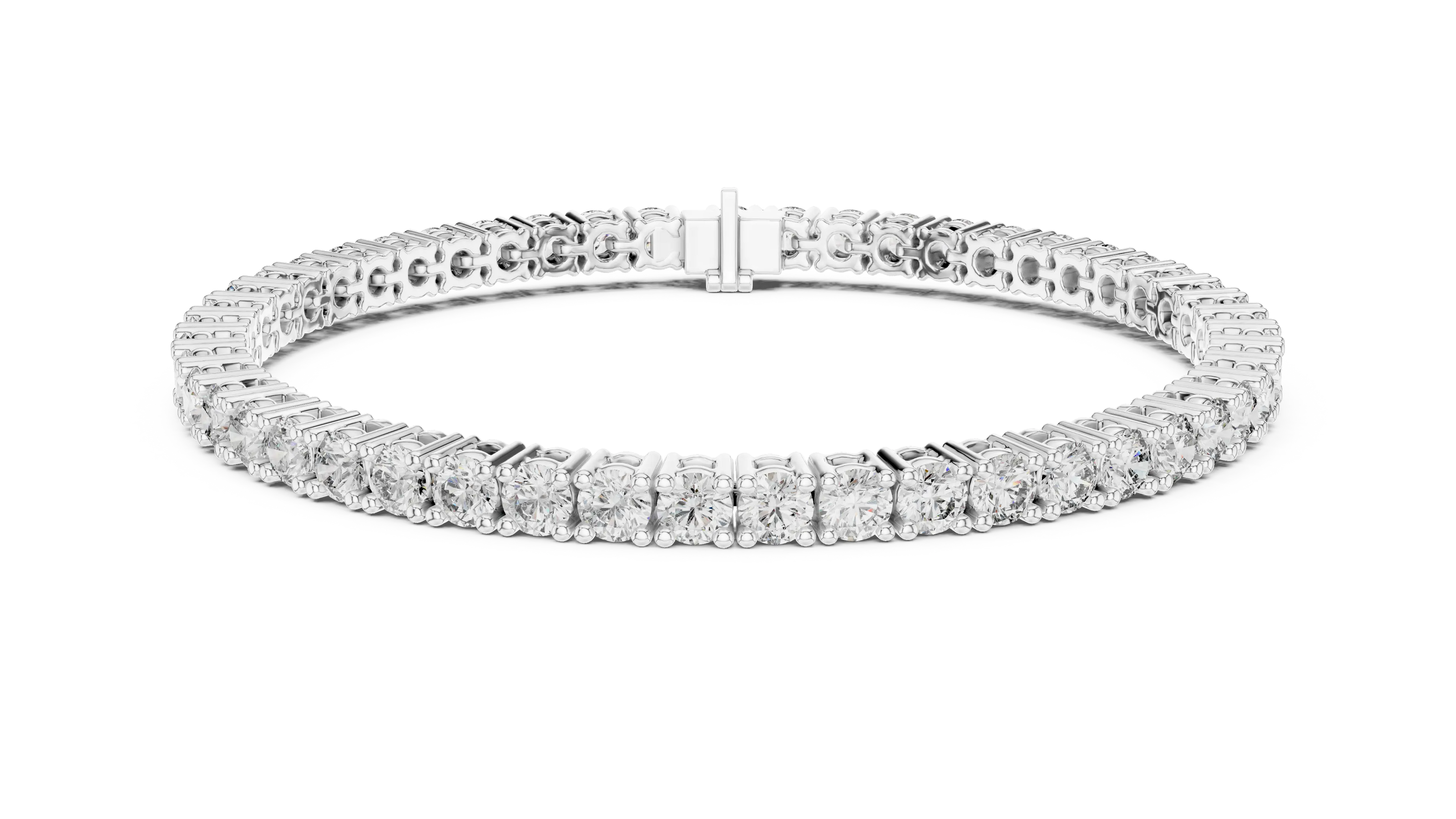 Classic round diamond tennis bracelet available in yellow gold white gold and rose gold with 49 brilliant diamonds in elegant collet setting design