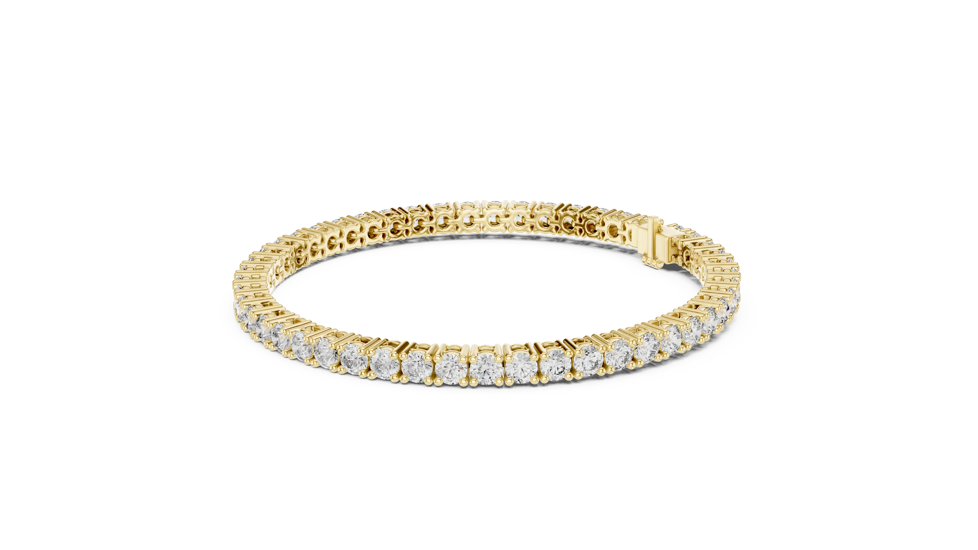 Classic round diamond tennis bracelet available in yellow gold white gold and rose gold with 49 brilliant diamonds in elegant collet setting design