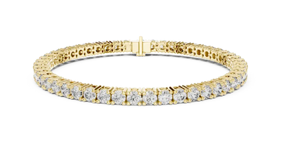 Classic round diamond tennis bracelet available in yellow gold white gold and rose gold with 49 brilliant diamonds in elegant collet setting design