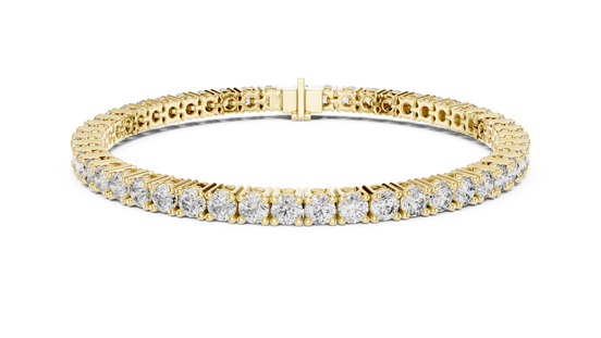 Classic round diamond tennis bracelet available in yellow gold white gold and rose gold with 49 brilliant diamonds in elegant collet setting design