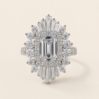 Emerald Cut Lab Grown Diamond Halo Engagement Ring in White Gold with Vintage Double Halo