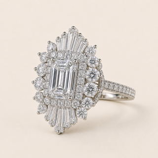 Emerald Cut Lab Grown Diamond Halo Engagement Ring in White Gold with Vintage Double Halo