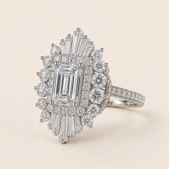 Emerald Cut Lab Grown Diamond Halo Engagement Ring in White Gold with Vintage Double Halo