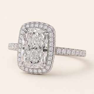 Aurora Cushion Cut Lab Grown Diamond Halo Engagement Ring in White Gold with Cathedral Pavé Band