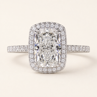 Aurora Cushion Cut Lab Grown Diamond Halo Engagement Ring in White Gold with Cathedral Pavé Band