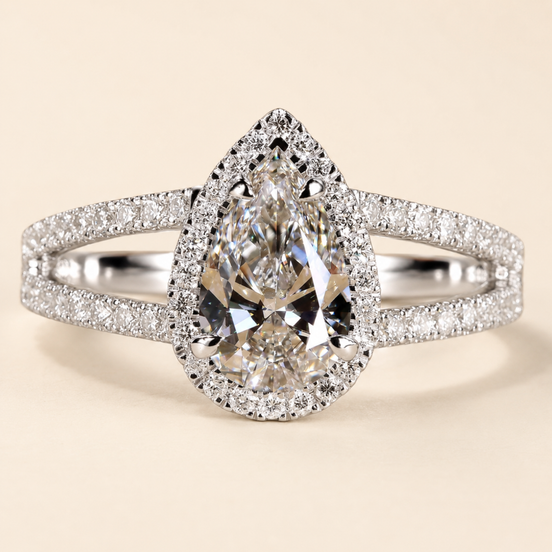 Pear Cut Lab Grown Diamond Halo Engagement Ring in white gold with split cathedral micro pavé shank