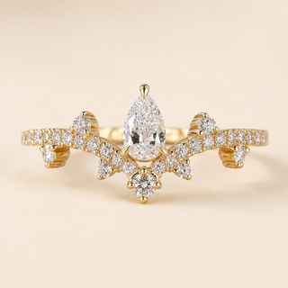 Pear Cut Lab Grown Diamond Promise Ring with Nature-Inspired Chevron Branch Design in Yellow Gold
