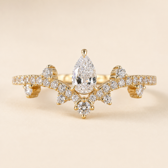 Pear Cut Lab Grown Diamond Promise Ring with Nature-Inspired Chevron Branch Design in Yellow Gold