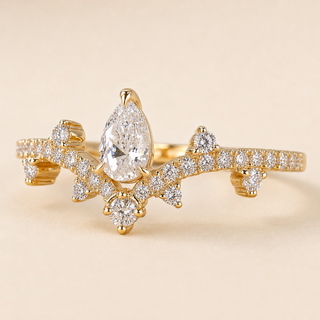 Pear Cut Lab Grown Diamond Promise Ring with Nature-Inspired Chevron Branch Design in Yellow Gold