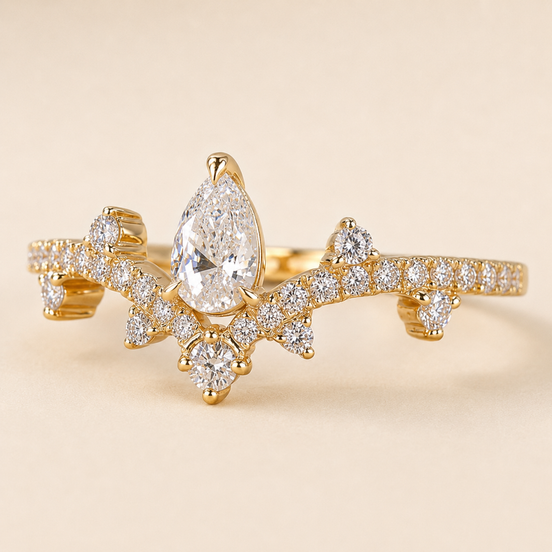 Pear Cut Lab Grown Diamond Promise Ring with Nature-Inspired Chevron Branch Design in Yellow Gold