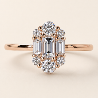 Baguette Lab Grown Diamond Cluster Engagement Ring with Round Diamond Halo in Rose Gold