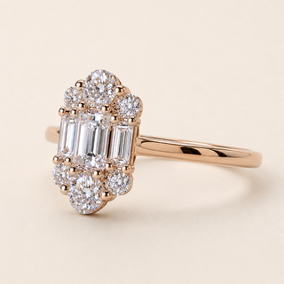 Baguette Lab Grown Diamond Cluster Engagement Ring with Round Diamond Halo in Rose Gold