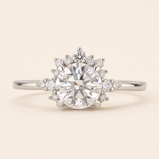 Round Lab Grown Diamond Floral Halo Engagement Ring with Marquise Halo in White Gold