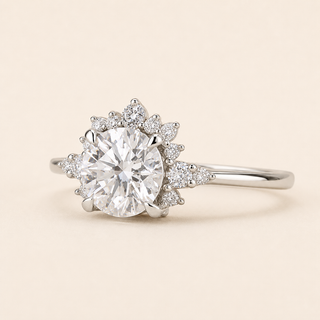 Round Lab Grown Diamond Floral Halo Engagement Ring with Marquise Halo in White Gold