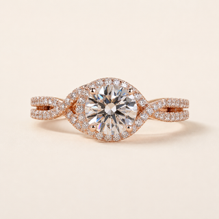 Round Lab Grown Diamond Twisted Halo Engagement Ring with Infinity Split Shank in Rose Gold