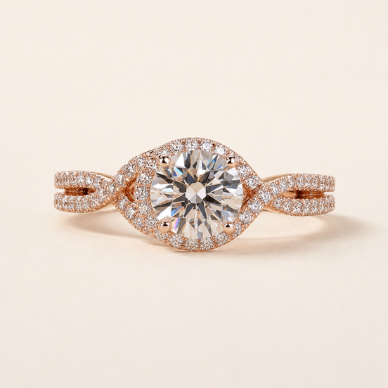 Round Lab Grown Diamond Twisted Halo Engagement Ring with Infinity Split Shank in Rose Gold