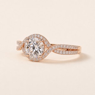 Round Lab Grown Diamond Twisted Halo Engagement Ring with Infinity Split Shank in Rose Gold