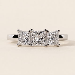 Princess Cut Lab Grown Diamond Three-Stone Engagement Ring with Trellis Basket in White Gold