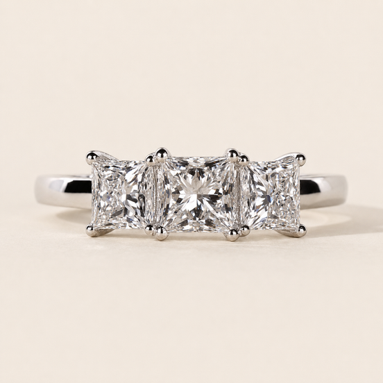 Princess Cut Lab Grown Diamond Three-Stone Engagement Ring with Trellis Basket in White Gold